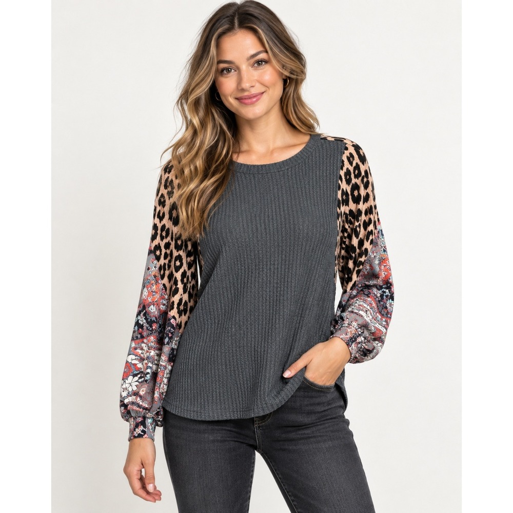 Umgee Women's Small Charcoal Waffle Knit Top Leopard Mixed Print Balloon Sleeves